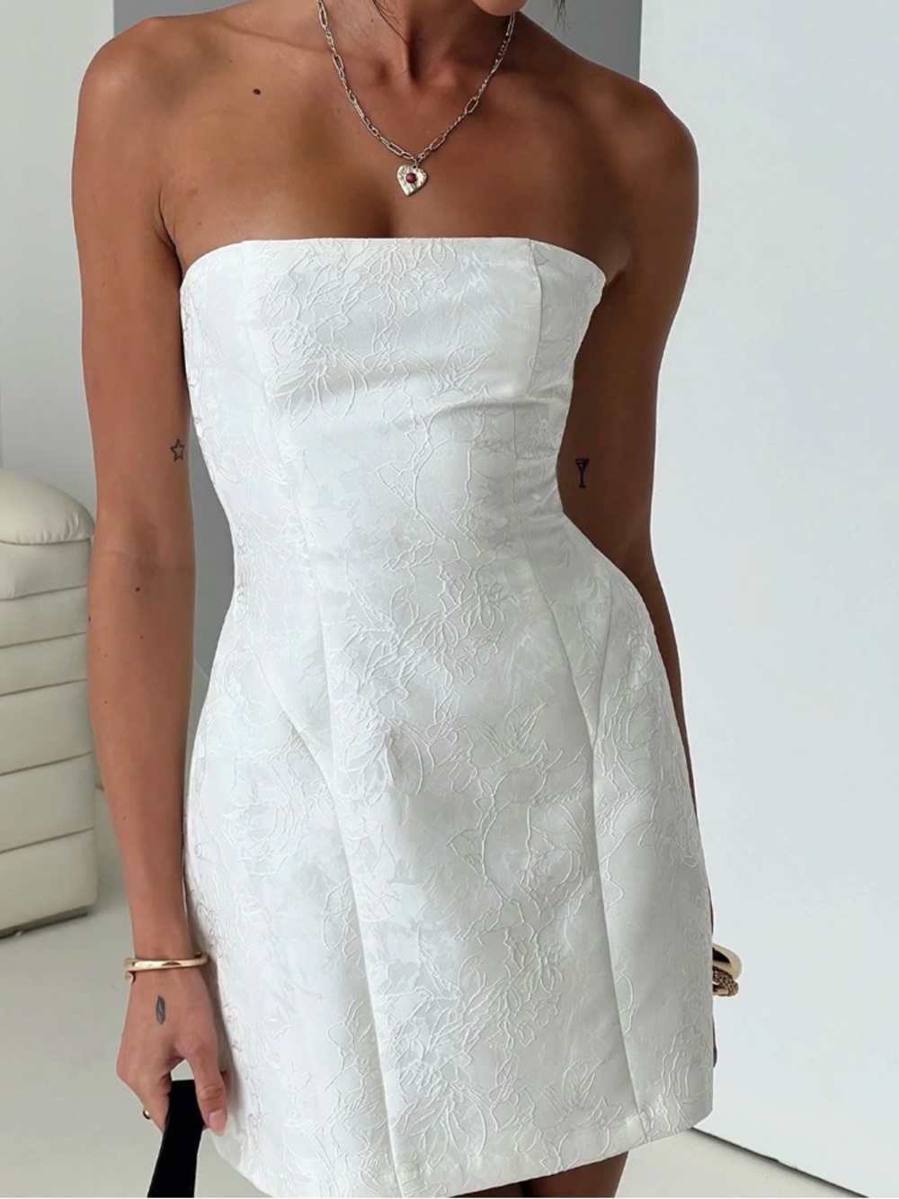 Strapless White Jacquard Mini Dress